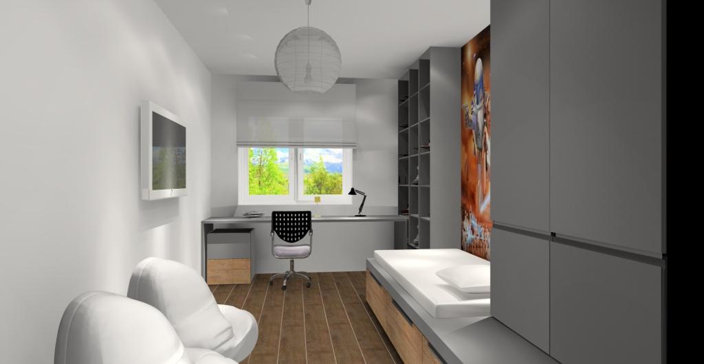 Biurko w pokoju nastolatka pod oknem połączone z zabudową szafek